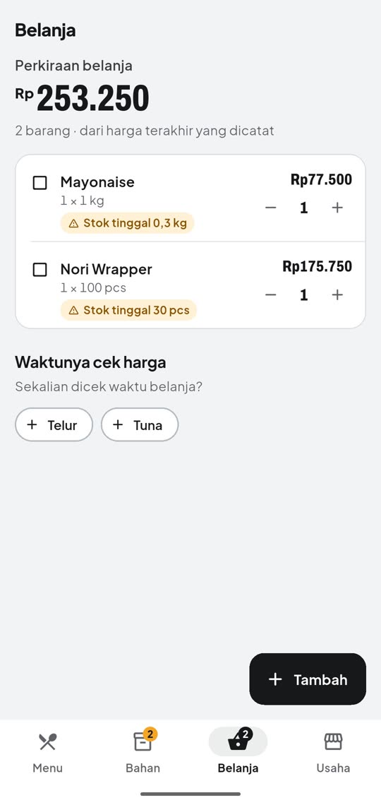 Daftar belanja dengan perkiraan total dan pengingat stok tinggal sedikit