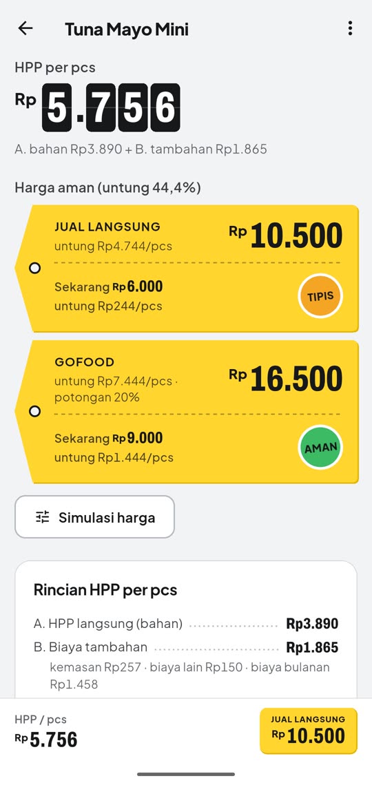 Layar HPP Tuna Mayo Mini: HPP Rp5.756 per pcs, harga aman Rp10.500, stiker TIPIS dan AMAN
