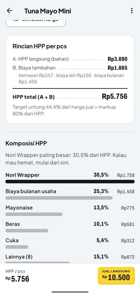 Rincian HPP bahan dan biaya tambahan serta komposisi bahan termahal