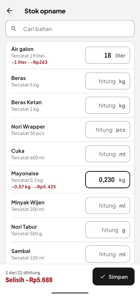 Stok opname dengan selisih dalam rupiah