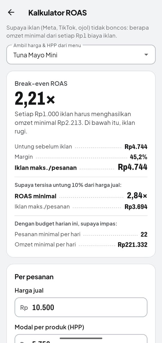 Kalkulator ROAS dengan break-even ROAS 2,21 kali