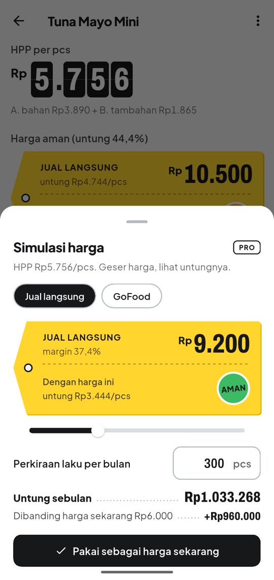 Simulasi harga: harga Rp9.200, untung sebulan naik Rp960.000